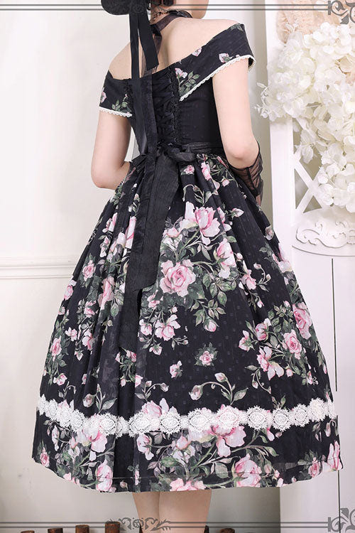 Black Elegant Vintage French Rose Floral Print V Collar Sleeveless Ruffled Classic Lolita JSK Dress - Product - 9