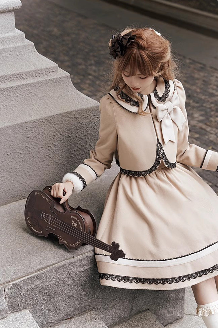 Light Tan Doll Collar Bowknot Autumn Winter Sweet College Style Lolita Dress Two Piece Set - Product - 8