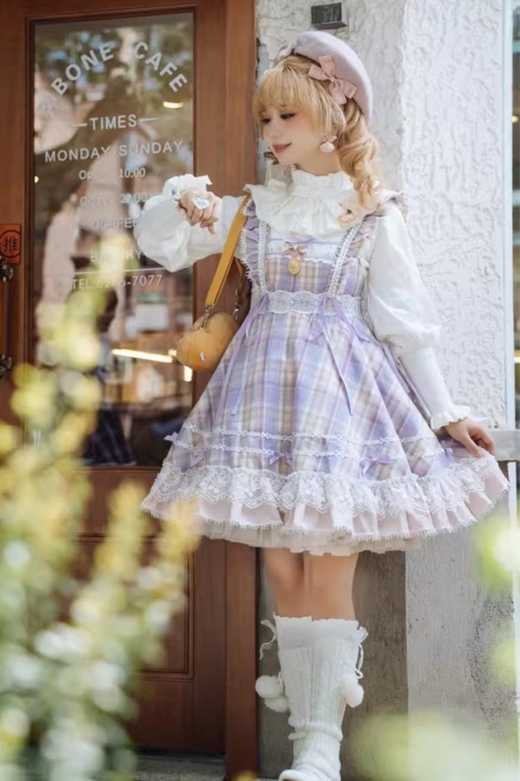 Pink/Purple [Endless Summer] High Waisted Printed Ruffled Bow Lace Sweet Princess Lolita Jsk Dress 2 Versions - Pink/Purple - 1