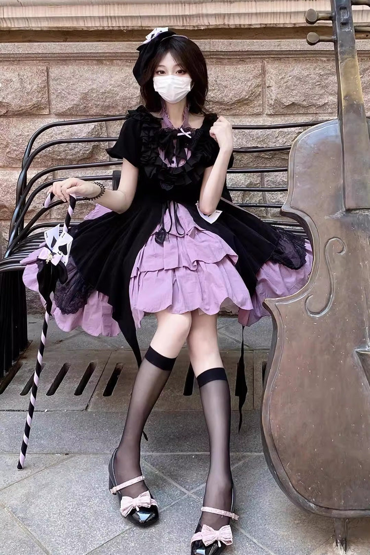 Black/Purple [Phantom Thief Ace of Spades] Short Sleeves Ruffle Bowknot Gothic Lolita Dress Set - Product - 4