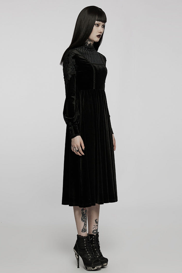 Black Long Sleeves Invisible Zipper High Waisted Hollow Stitching Women's Gothic Dress - Product - 2