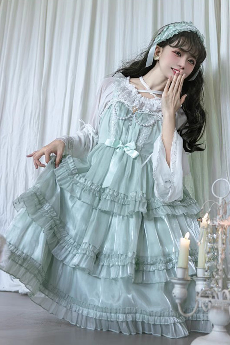 Green Starry Gauze Love Song Three-Tiered Ruffle Bowknot Sweet Lolita Tiered JSK Dress - Product - 9