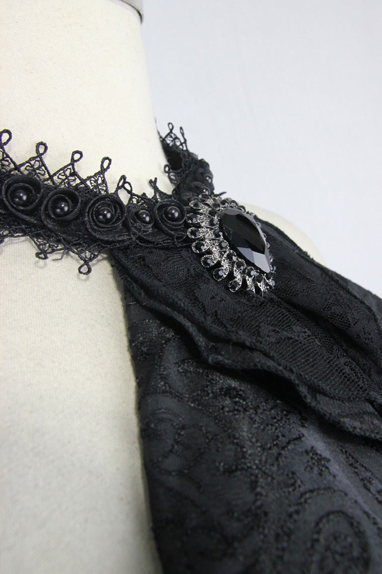 Black Lace Jacquard Jewel Pins Men's Gothic Tie - Product - 5