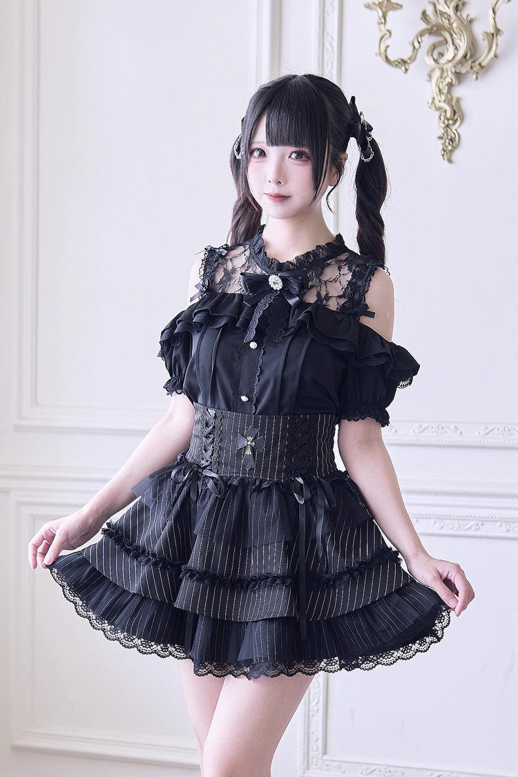 Sweet Off Shoulder Short Sleeves Hollow Bowknot Jirai Kei Japanese Blouse - Product - 6