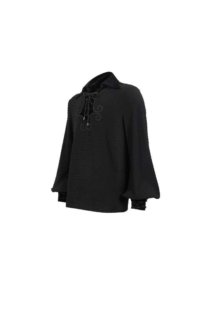 Black Embroidered Chest With Drawstring Strappy Puff Sleeved Men's Gothic Shirt - Product - 6