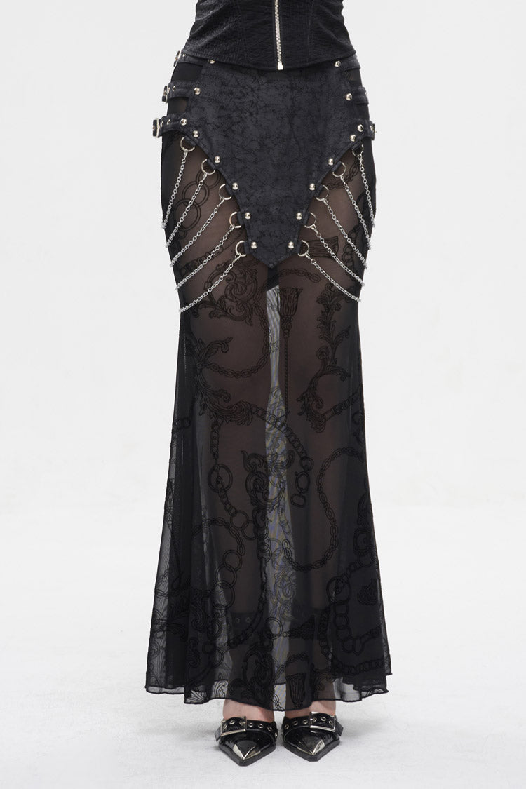 Black Mesh Splice Chain Fishtail Women's Gothic Skirt - Black - 1