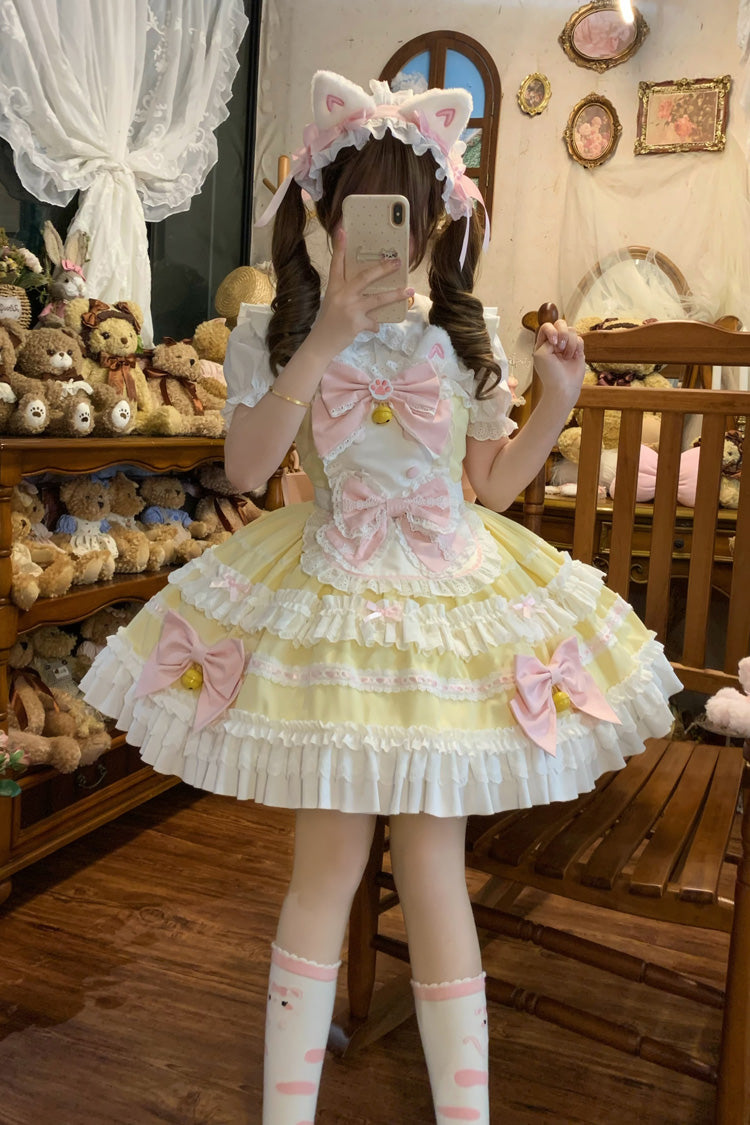 Yellow [Meowling Sweet Maid] Sleeveless Multi-Layered Ruffle Bowknot Lace Sweet Princess Lolita Jsk Dress - Yellow - 1