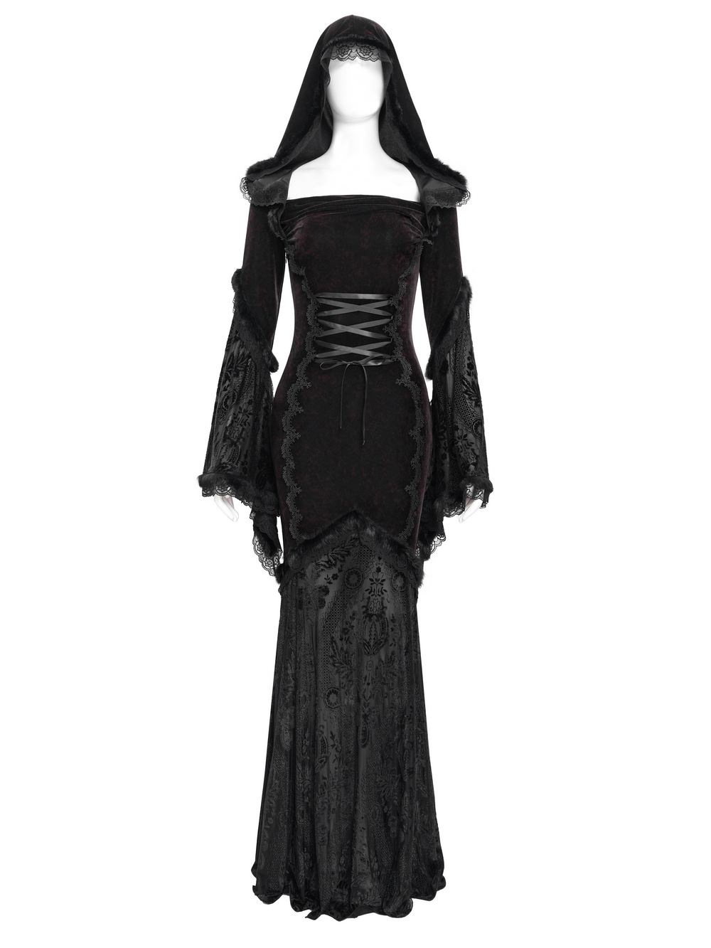 Chic Hooded Maxi Dress with Lace Sleeves and Corset Waist - image 4