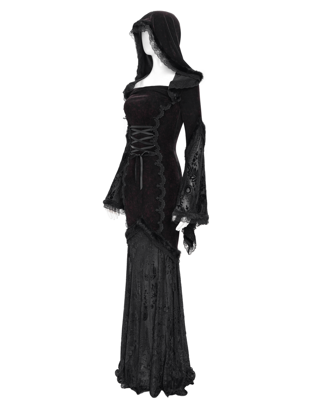 Chic Hooded Maxi Dress with Lace Sleeves and Corset Waist - image 5