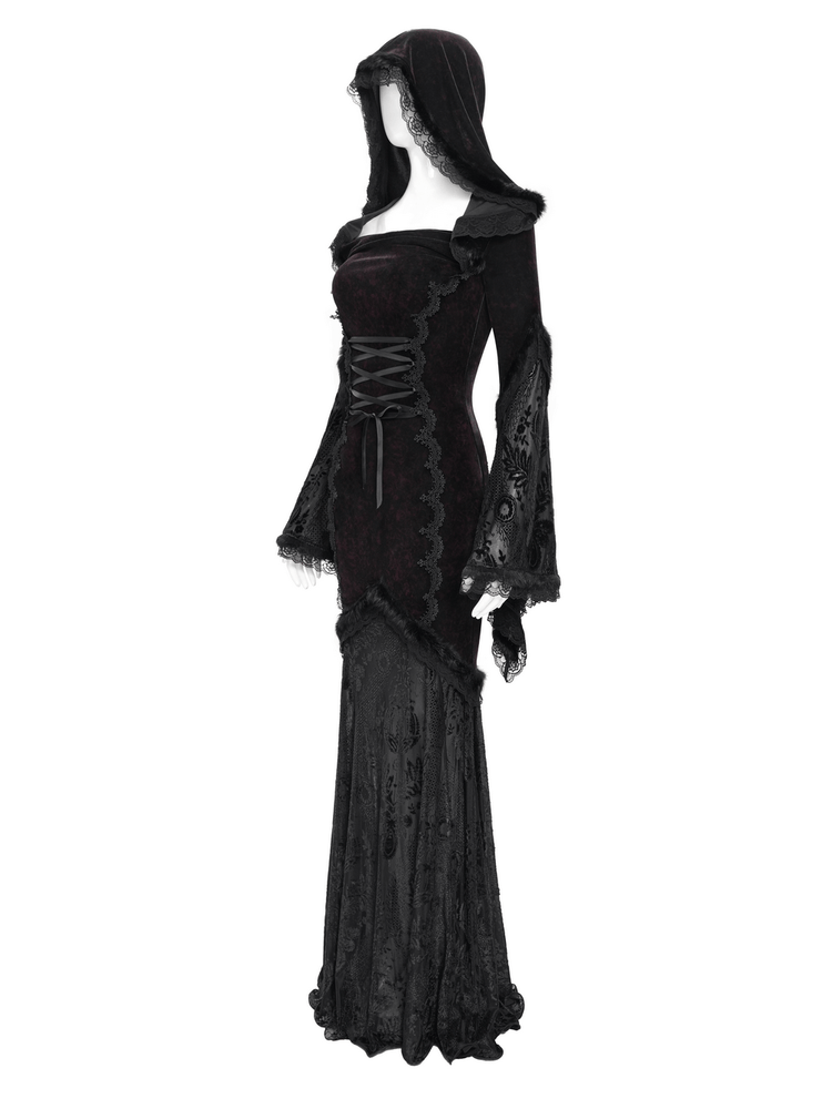 Chic Hooded Maxi Dress with Lace Sleeves and Corset Waist - image 5