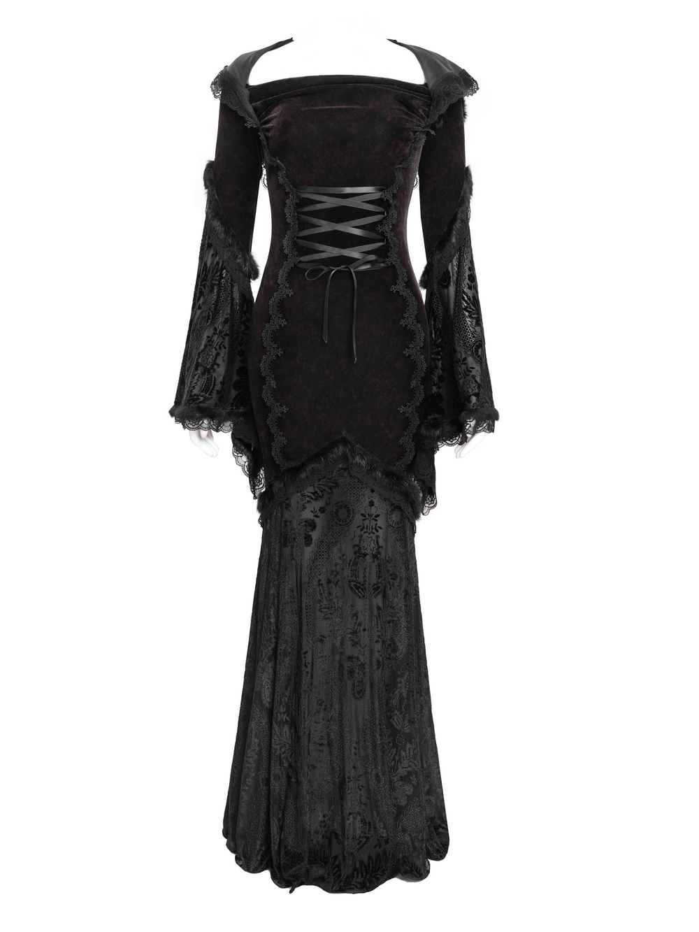 Chic Hooded Maxi Dress with Lace Sleeves and Corset Waist - image 7