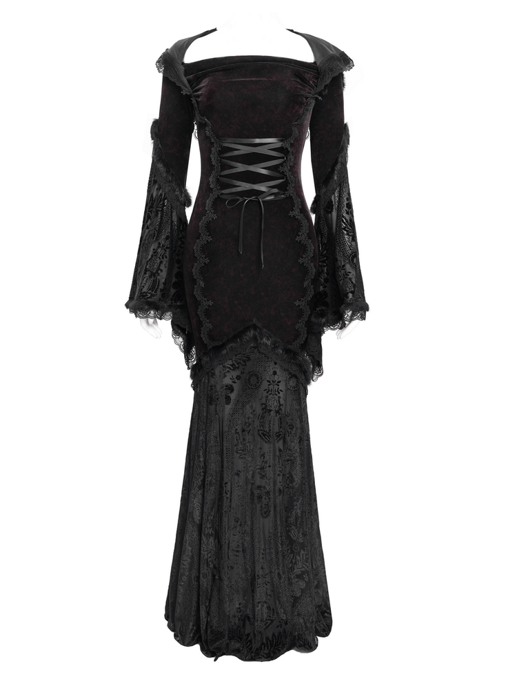 Chic Hooded Maxi Dress with Lace Sleeves and Corset Waist - image 7