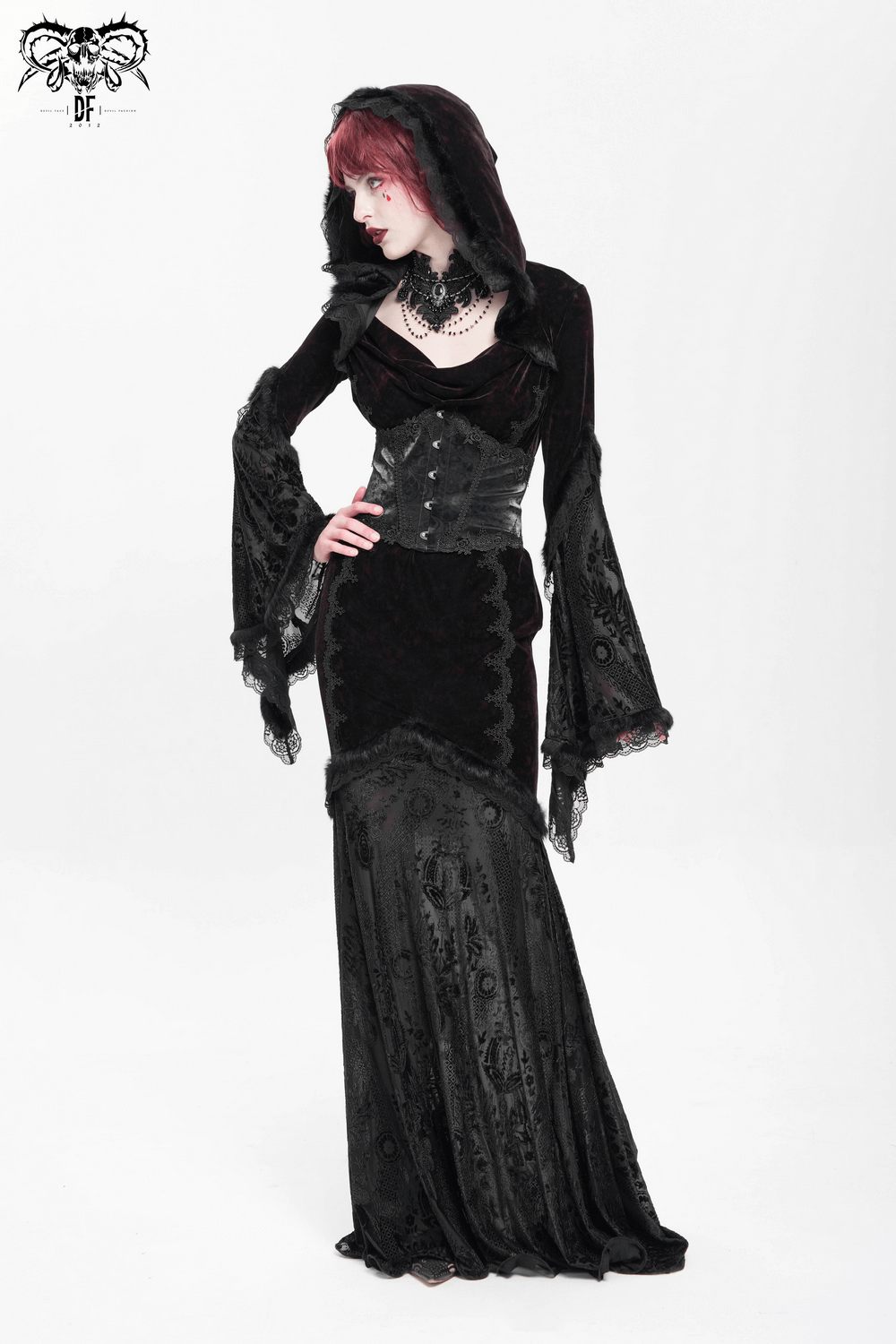 Chic Hooded Maxi Dress with Lace Sleeves and Corset Waist - image 14