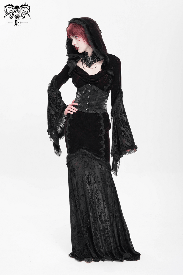 Chic Hooded Maxi Dress with Lace Sleeves and Corset Waist - image 14