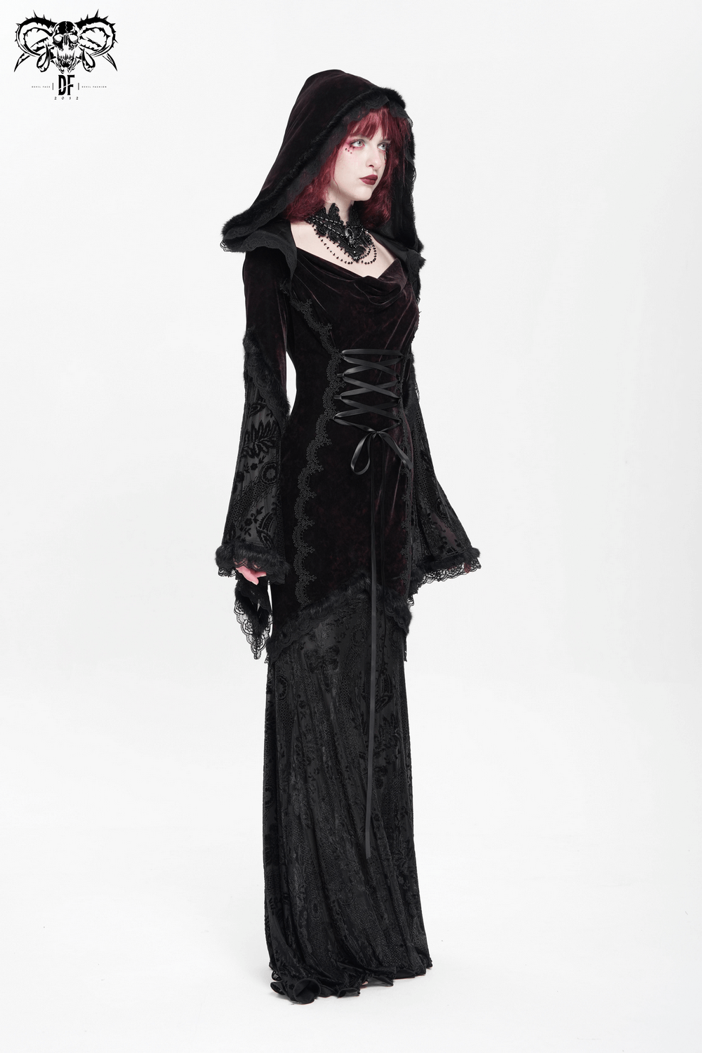 Chic Hooded Maxi Dress with Lace Sleeves and Corset Waist - image 13