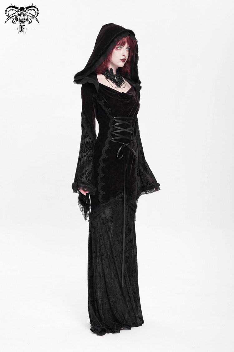 Chic Hooded Maxi Dress with Lace Sleeves and Corset Waist - image 13