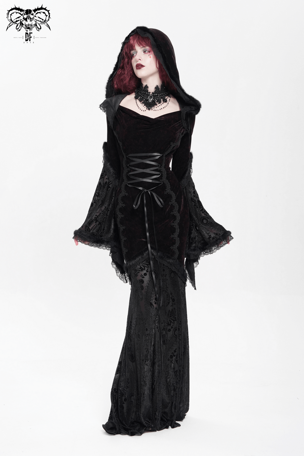 Chic Hooded Maxi Dress with Lace Sleeves and Corset Waist - image 16