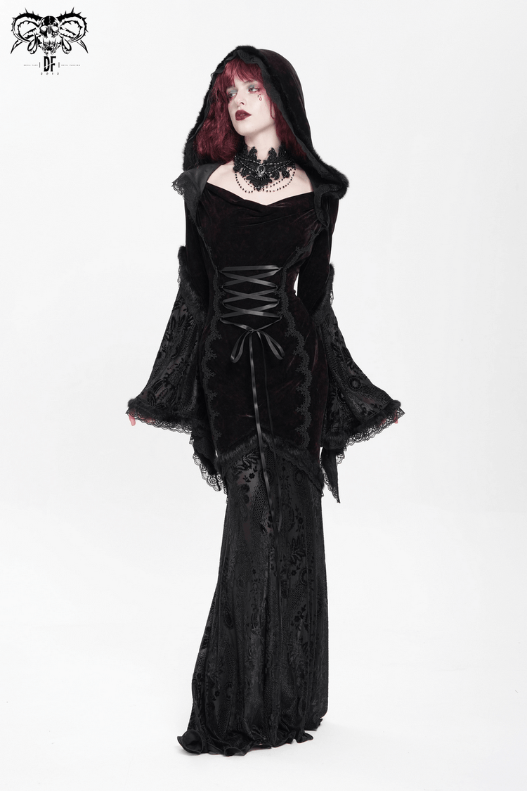Chic Hooded Maxi Dress with Lace Sleeves and Corset Waist - image 16