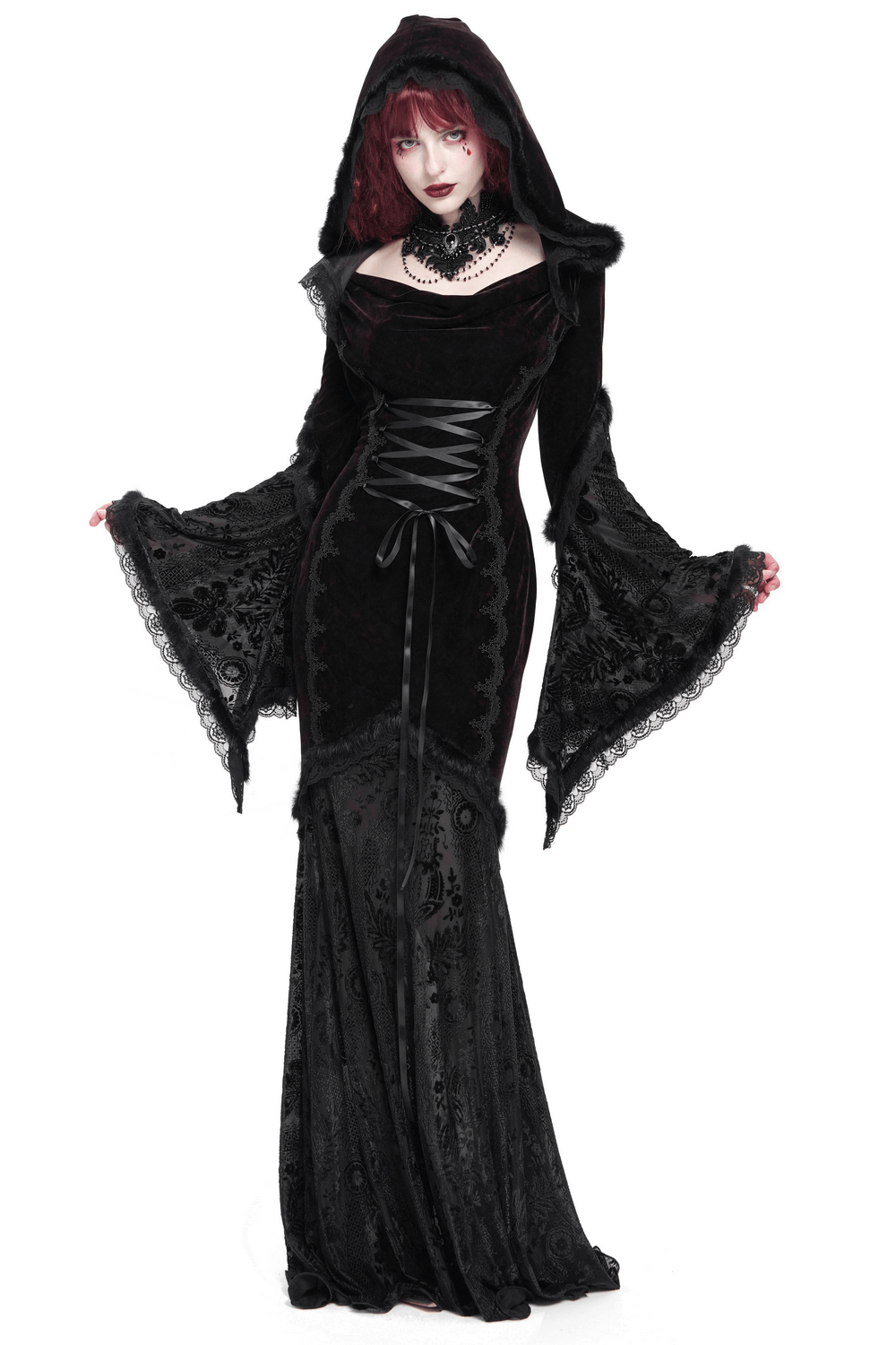 Chic Hooded Maxi Dress with Lace Sleeves and Corset Waist - image 1