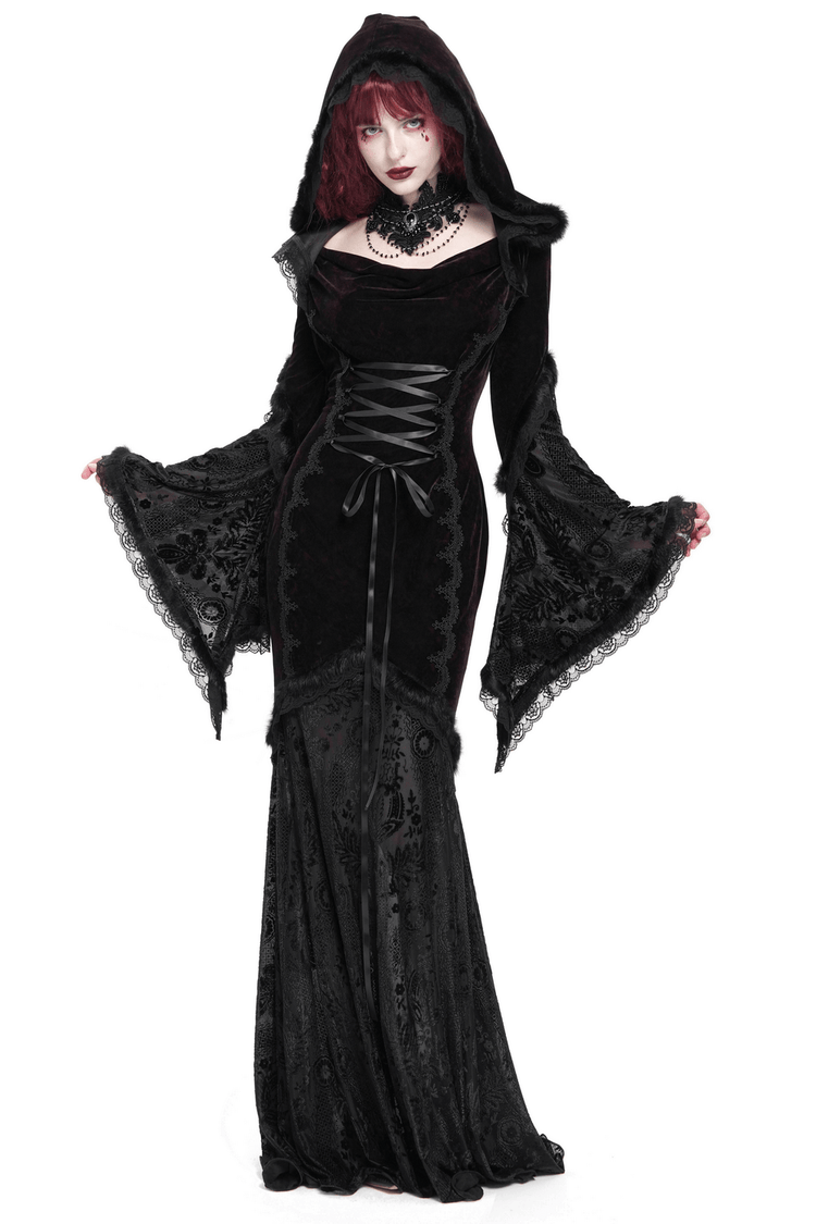 Chic Hooded Maxi Dress with Lace Sleeves and Corset Waist - image 1