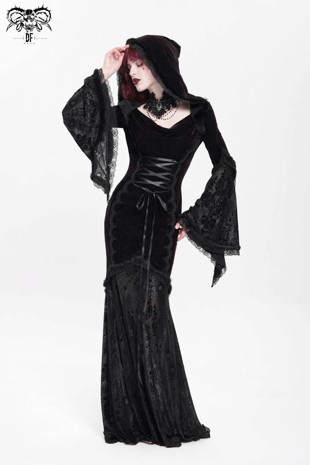 Chic Hooded Maxi Dress with Lace Sleeves and Corset Waist - image 17