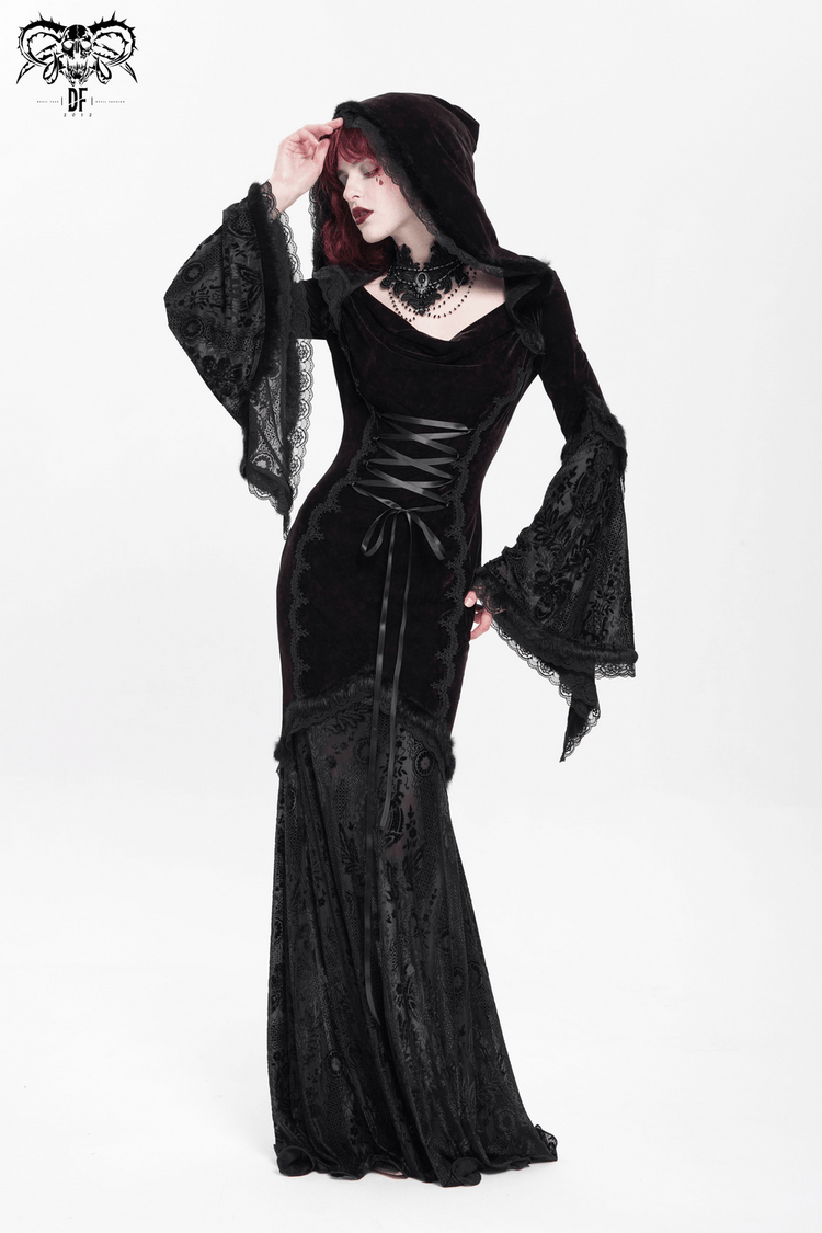 Chic Hooded Maxi Dress with Lace Sleeves and Corset Waist - image 17