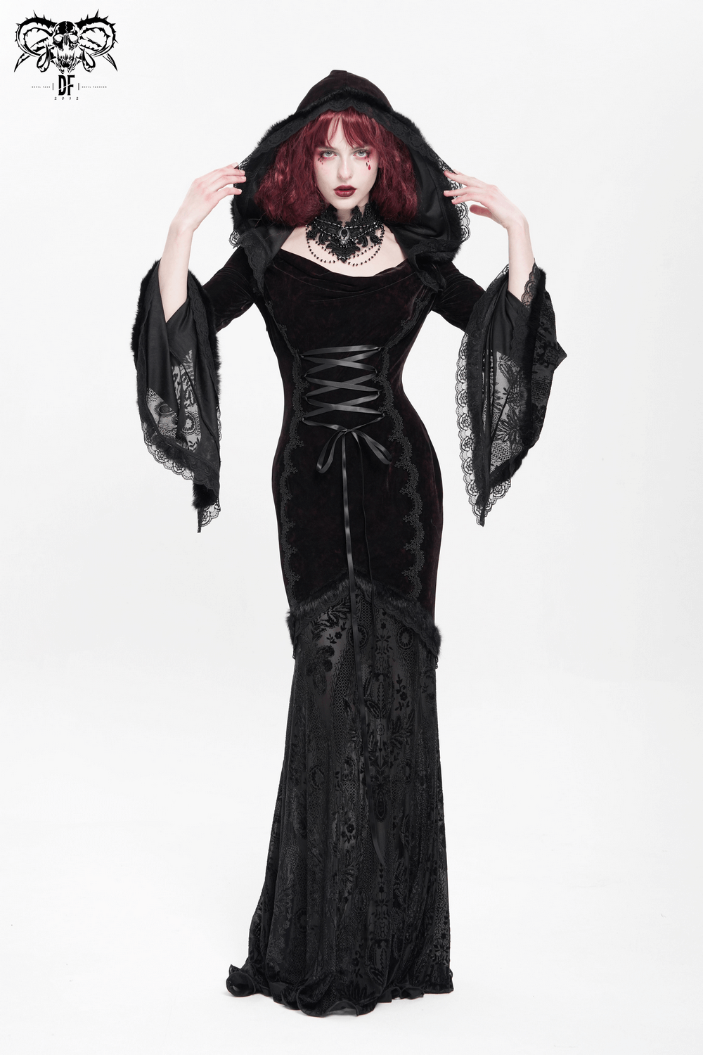 Chic Hooded Maxi Dress with Lace Sleeves and Corset Waist - image 18
