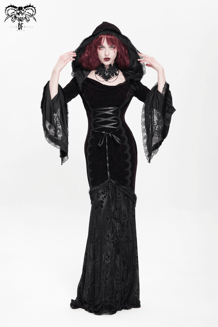 Chic Hooded Maxi Dress with Lace Sleeves and Corset Waist - image 18
