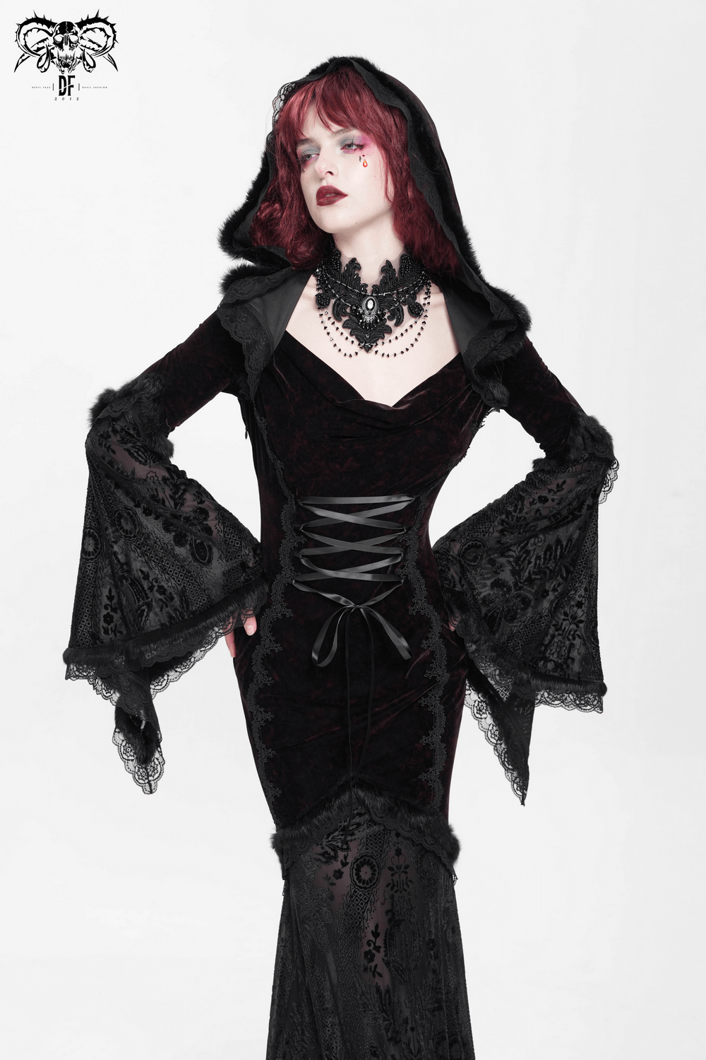 Chic Hooded Maxi Dress with Lace Sleeves and Corset Waist - image 11