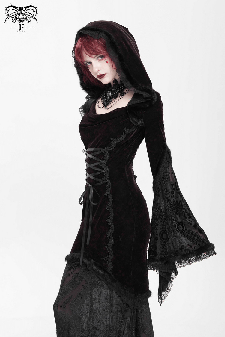Chic Hooded Maxi Dress with Lace Sleeves and Corset Waist - image 12