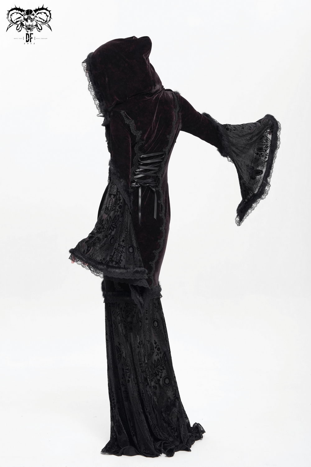 Chic Hooded Maxi Dress with Lace Sleeves and Corset Waist - image 15
