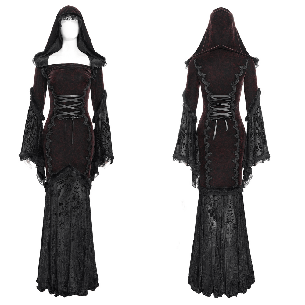Chic Hooded Maxi Dress with Lace Sleeves and Corset Waist - image 3