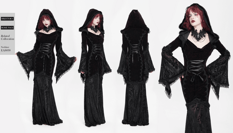 Chic Hooded Maxi Dress with Lace Sleeves and Corset Waist - image 20