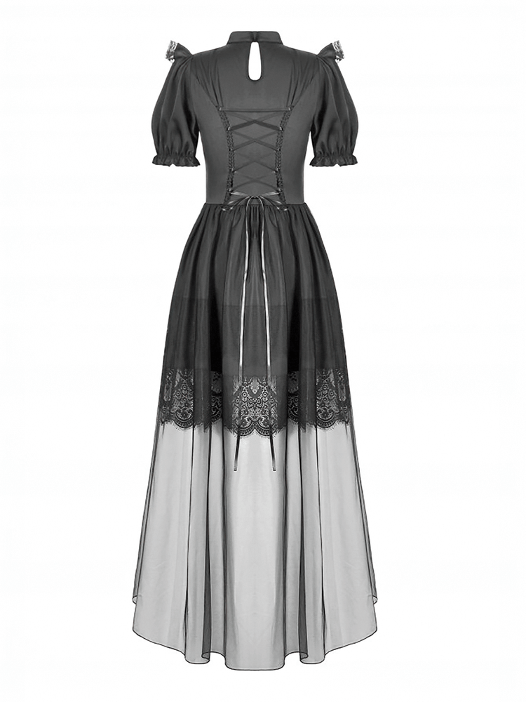 US SALE of Chic Lace and Satin Dress with Puff Sleeves and Lacing - image 5