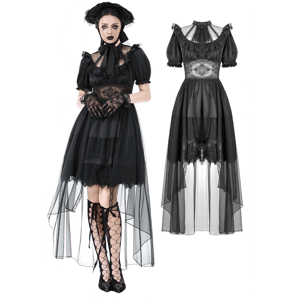 US SALE of Chic Lace and Satin Dress with Puff Sleeves and Lacing - image 3