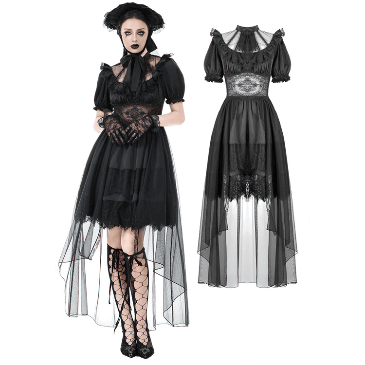 US SALE of Chic Lace and Satin Dress with Puff Sleeves and Lacing - image 3