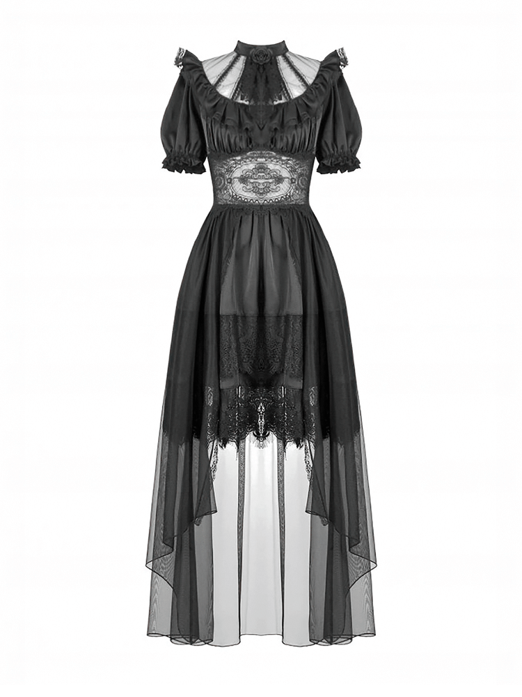 US SALE of Chic Lace and Satin Dress with Puff Sleeves and Lacing - image 4