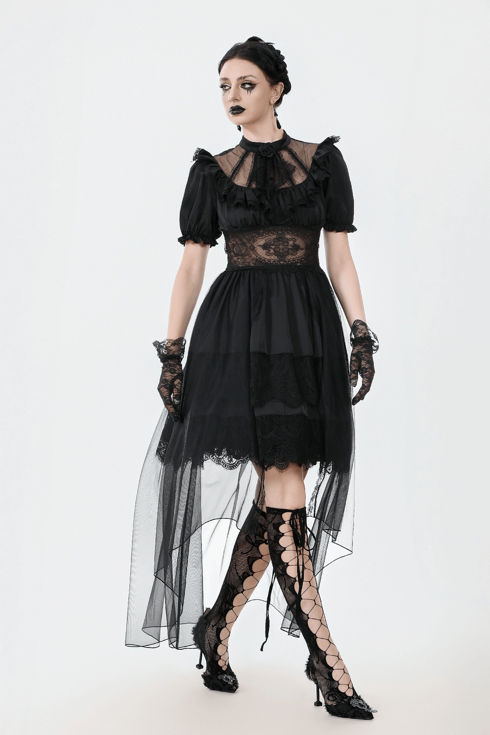 Chic Lace and Satin Dress with Puff Sleeves and Lacing - image 17
