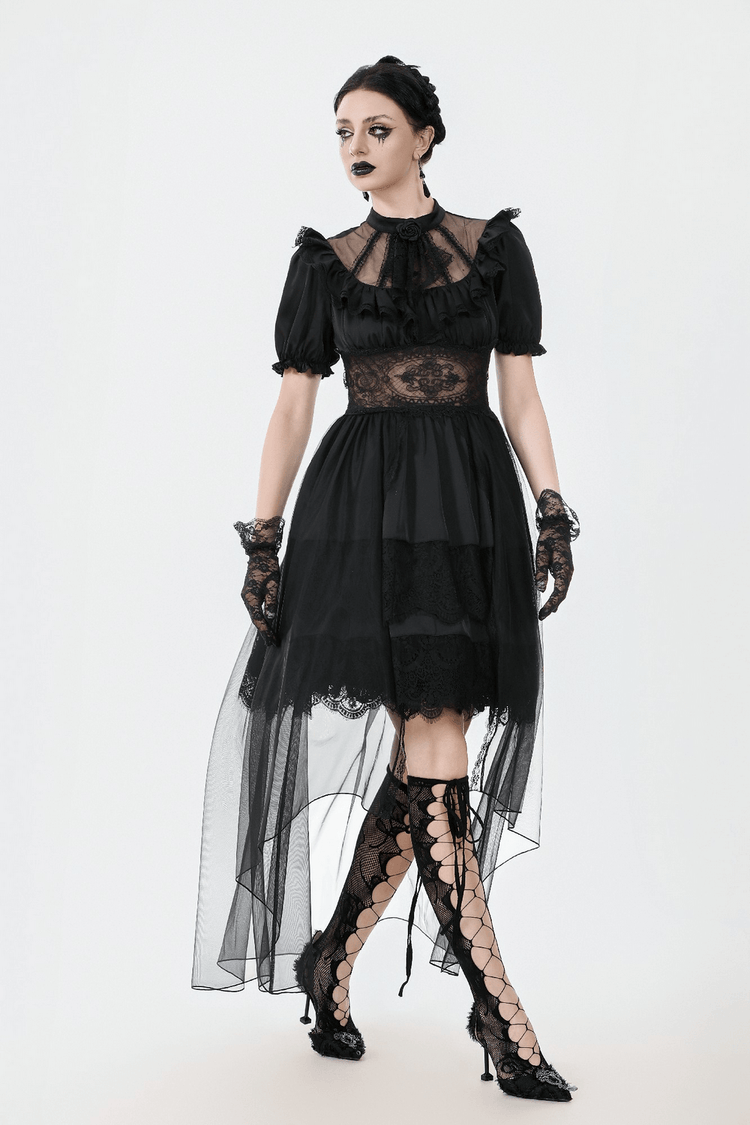 Chic Lace and Satin Dress with Puff Sleeves and Lacing - image 17