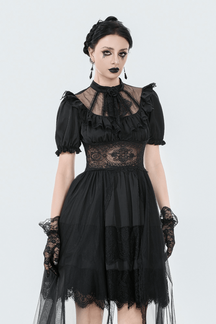US SALE of Chic Lace and Satin Dress with Puff Sleeves and Lacing - image 13