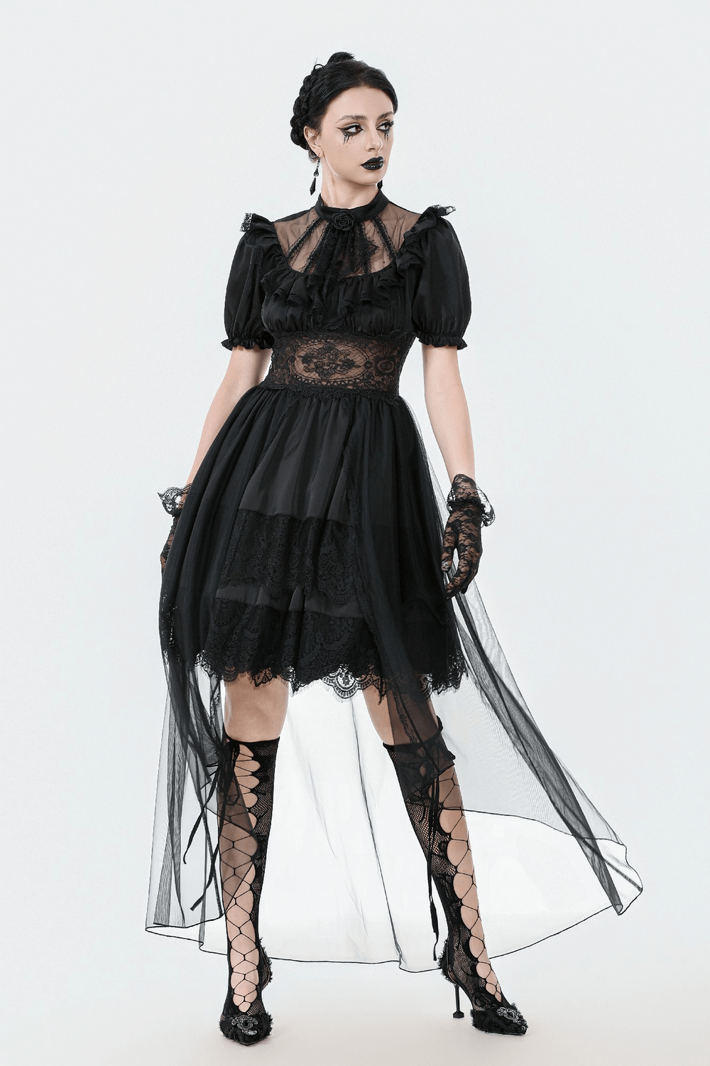 US SALE of Chic Lace and Satin Dress with Puff Sleeves and Lacing - image 16