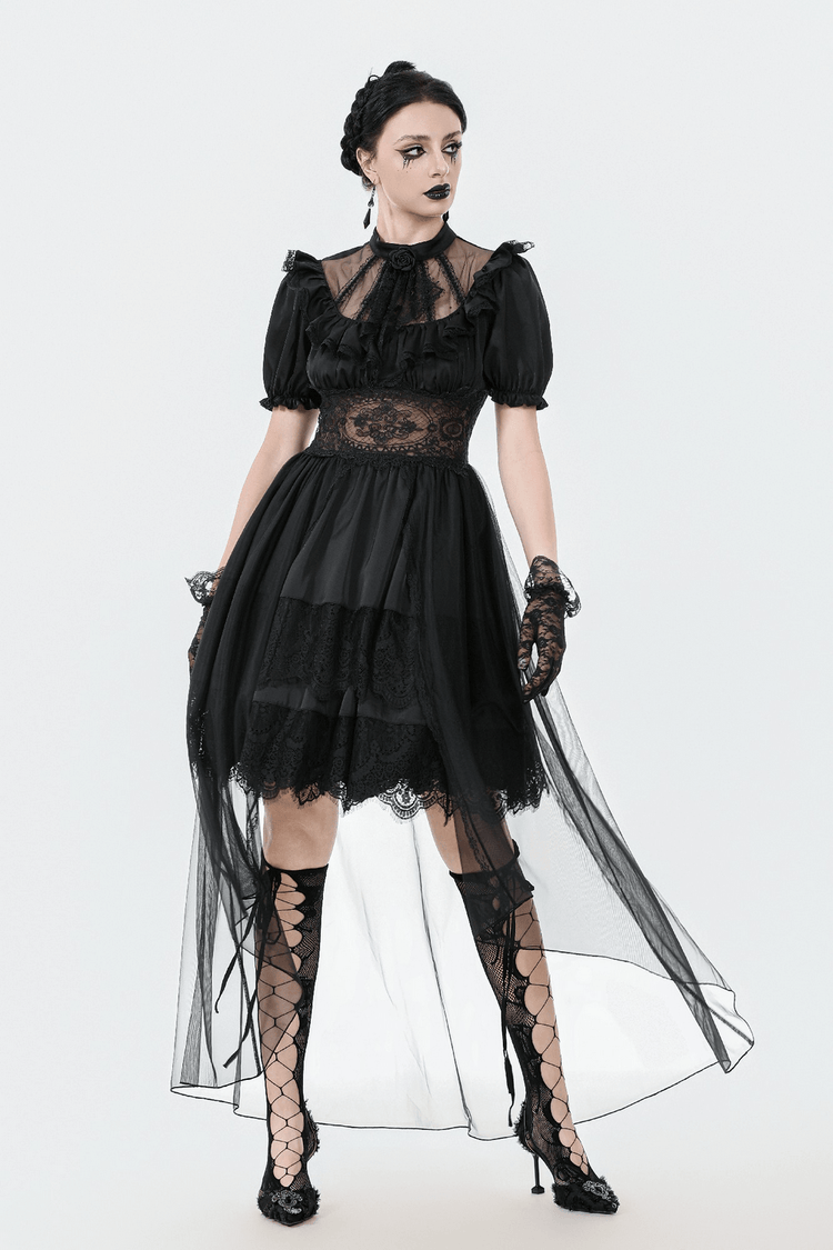 Chic Lace and Satin Dress with Puff Sleeves and Lacing - image 18