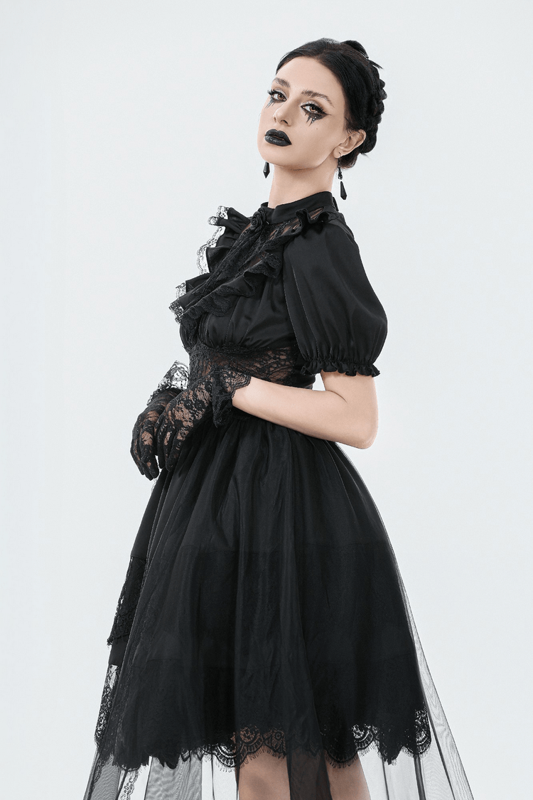 US SALE of Chic Lace and Satin Dress with Puff Sleeves and Lacing - image 14