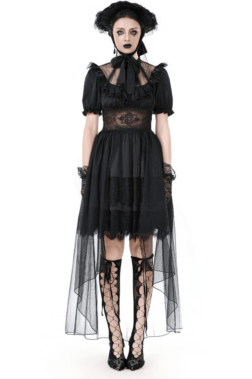 Chic Lace and Satin Dress with Puff Sleeves and Lacing - image 1