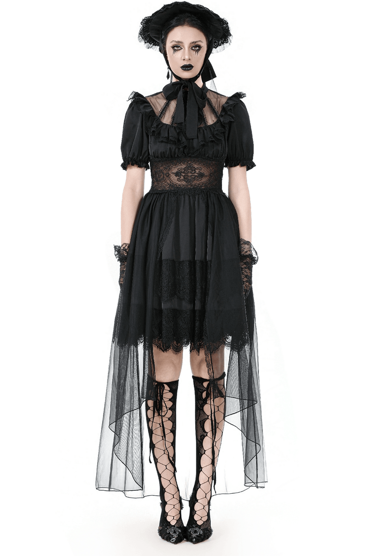 Chic Lace and Satin Dress with Puff Sleeves and Lacing - image 1