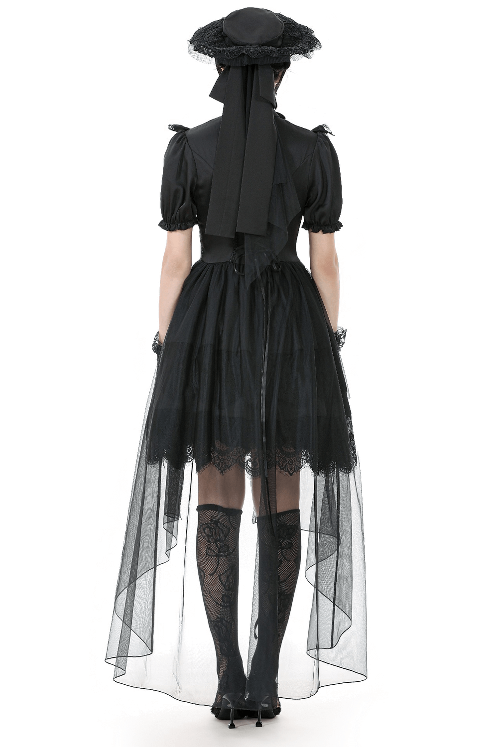 Chic Lace and Satin Dress with Puff Sleeves and Lacing - image 2