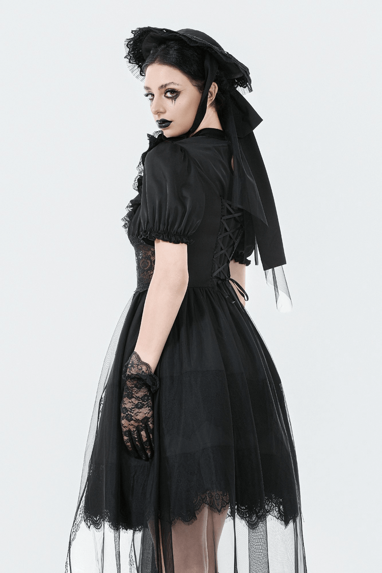 US SALE of Chic Lace and Satin Dress with Puff Sleeves and Lacing - image 15