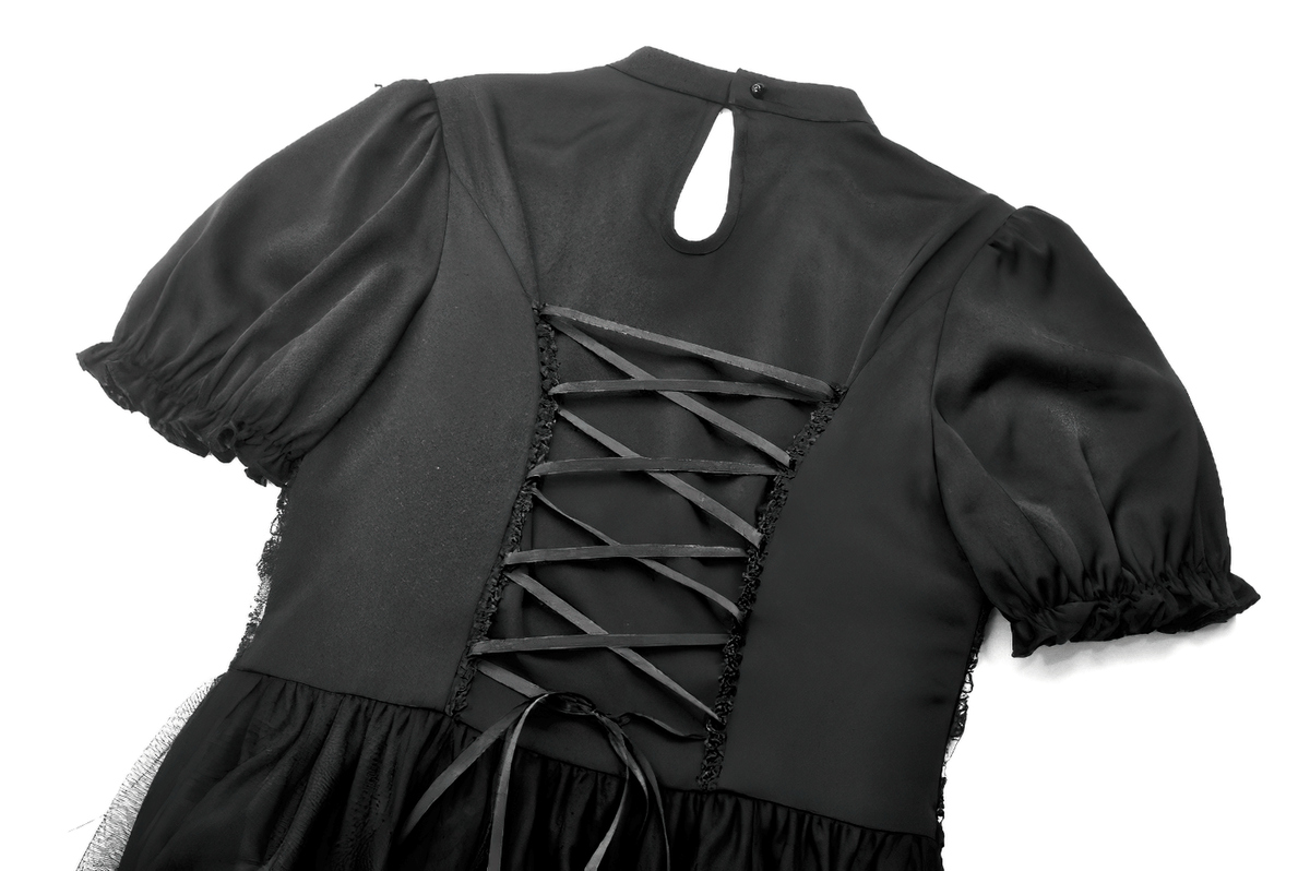 Chic Lace and Satin Dress with Puff Sleeves and Lacing - image 10