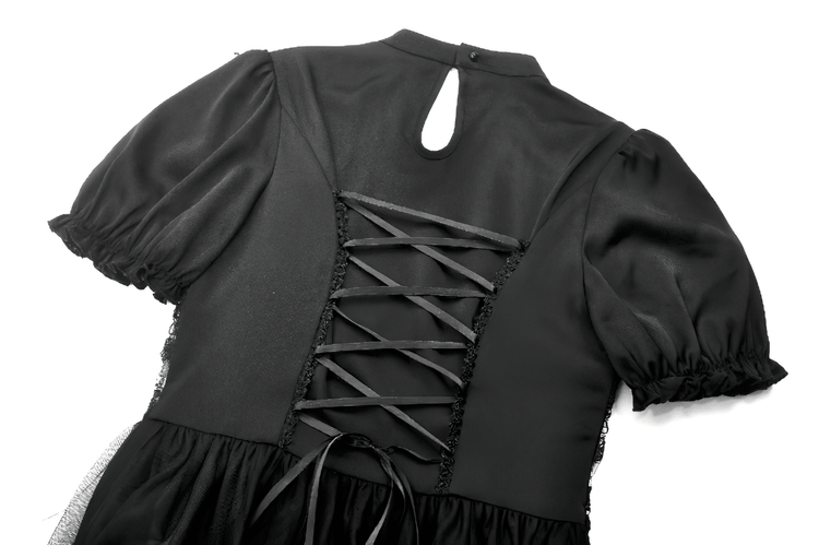 Chic Lace and Satin Dress with Puff Sleeves and Lacing - image 10