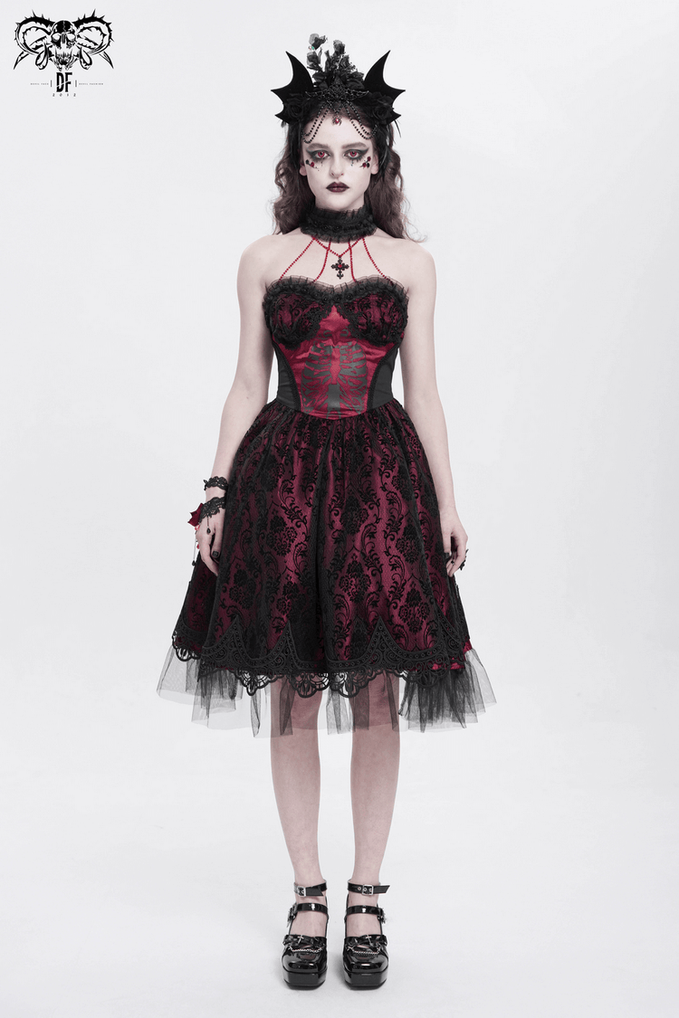 Chic Lace and Tulle Gothic Dress with Skeleton Print - image 13
